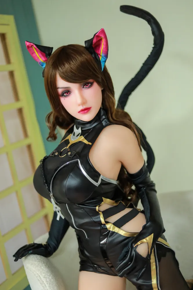 158cm (5ft2) Copa A Cabeza de Silicona + Cuerpo de TPE Cosplay de Catwoman Salvaje TPE Muñeca Sexual Híbrida Abbey Cabeza #S18